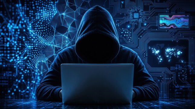A hooded figure sits at a laptop surrounded by digital codes and futuristic network visuals, symbolizing cybersecurity threats or hacking activities.