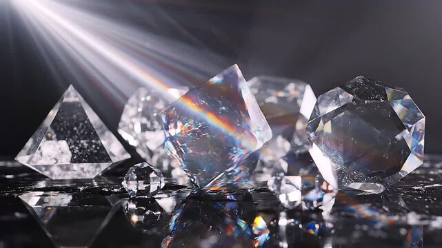 Crystal Brilliance: A stunning collection of multifaceted diamonds sparkles under a dramatic spotlight, casting vibrant rainbows and highlighting their exquisite clarity and precision cut.