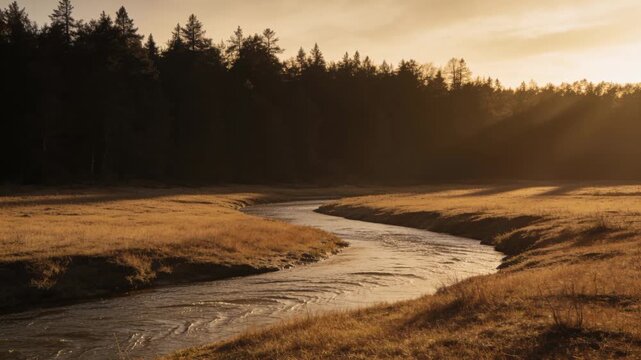 Glistening winding stream moving across meadow, showing ripples from flow and shifting sunlight