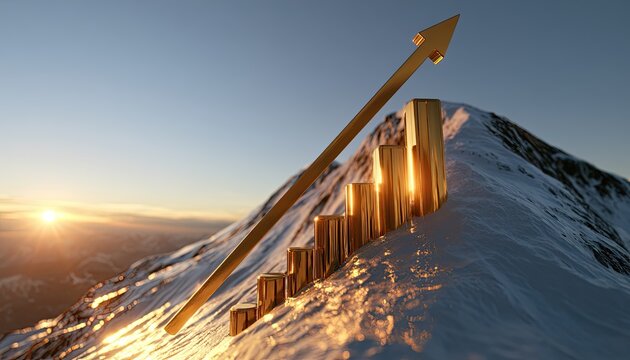 Golden upward trend graph on snow-capped mountain peak at sunrise