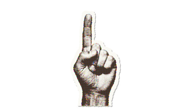Raised human hand with extended index finger in halftone dot style