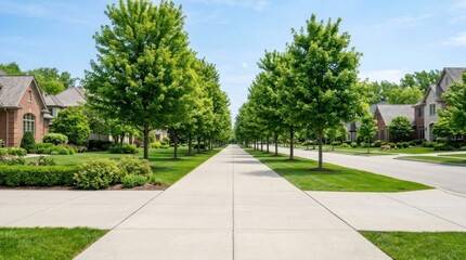 Obraz premium A wide, straight residential street stretches into the distance, lined with mature trees and well-maintained houses.