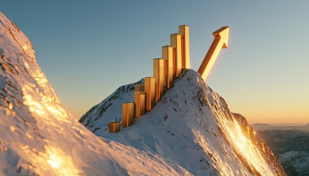 Golden bar graph and arrow ascend snow-capped peaks at sunrise