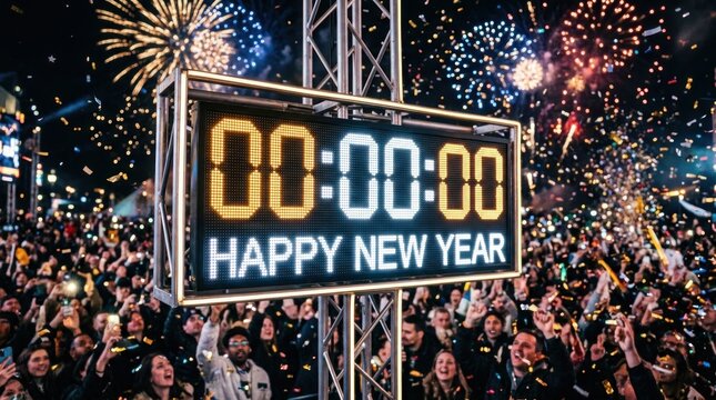 A large digital display shows 00:00 with the words "Happy New Year". Fireworks explode in the background, illuminating a crowd of people celebrating.
