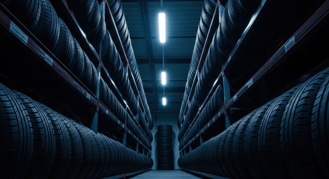 Industrial Tire Warehouse Storage with Rows of New Car Tires on Metal Racks in Dim Blue Lighting