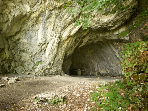 Interno di grotta con pareti rocciose e ampia apertura che si affaccia su una foresta verde illuminata dal sole
