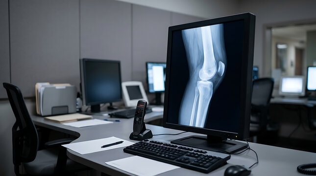 Digital Knee Joint X Ray Scan Displayed on Computer Screen in Medical Office