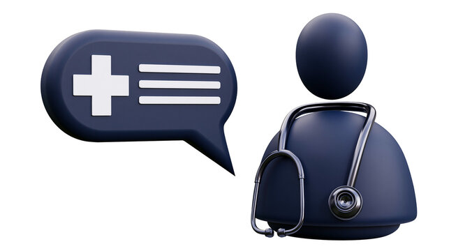 Dark blue doctor icon with stethoscope and speech bubble with plus sign, isolated on transparent background