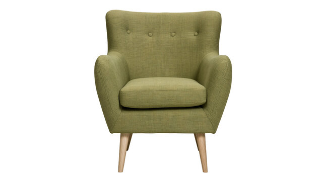 Textured green armchair with button tufting and tapered wooden legs, isolated on transparent background