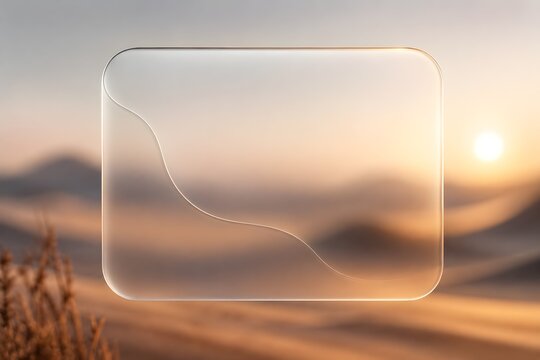 Transparent glass panel mockup over blurred desert landscape, minimal luxury frame, frosted acrylic display, modern ui background and premium template