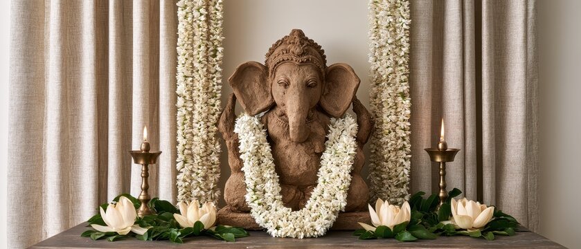 Clay Ganesha Idol with Jasmine Garlands, Lotus Flowers & Lit Lamps