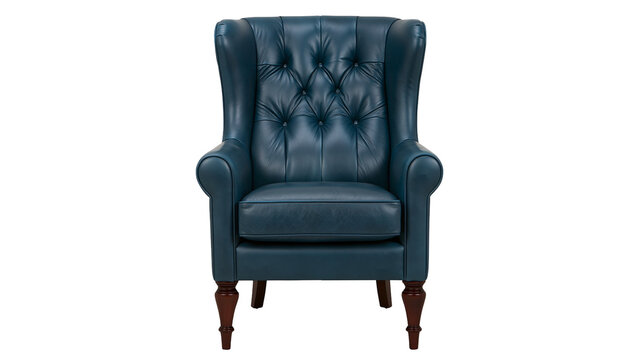 Deep blue leather tufted wingback armchair with dark wood legs, isolated on transparent background