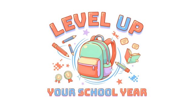 Level Up Your School Year Gamified Cute Educational Illustration Concept with Pastel Backpack Pencils Books and Medal Icons Isolated on White Background