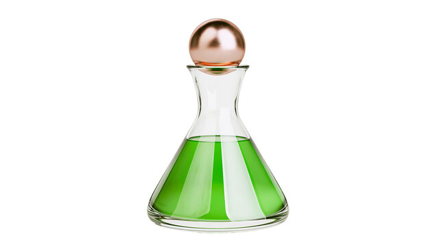 Clear glass decanter with rose gold stopper filled with vibrant green liquid, isolated on transparent background
