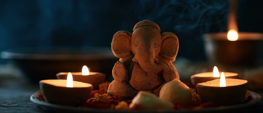 Ganesha Idol, Lit Diyas, and Offerings for Hindu Festival Celebration