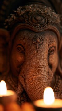 Close-up of Ganesha Statue with Candles, Spiritual Devotion and Warm Glow