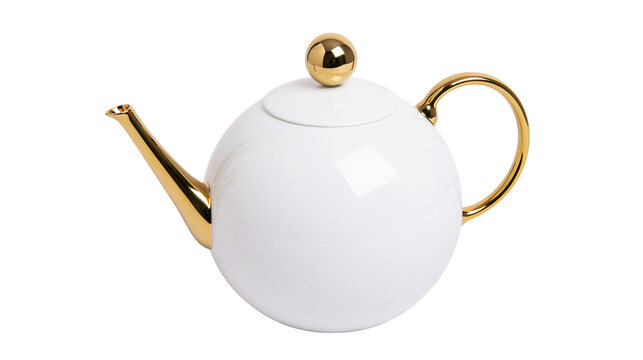 Spherical white ceramic teapot with golden spout handle and lid knob, isolated on transparent background