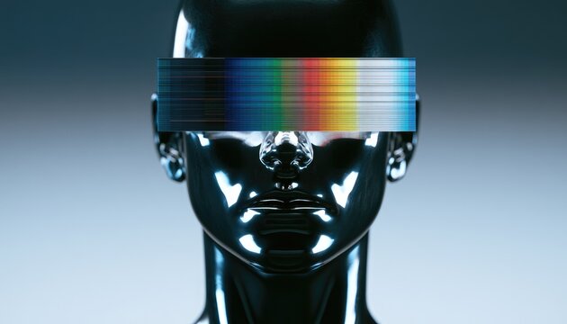 Metallic head with iridescent, pixelated blindfold against a soft gradient