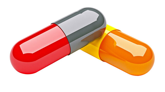 Two colorful pharmaceutical capsules red and gray and orange and yellow, isolated on transparent background