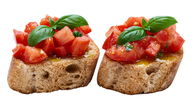 Two rustic bruschetta appetizers with diced tomatoes and fresh basil, isolated on transparent background