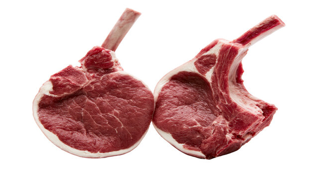 Two raw lamb chops with bone, isolated on transparent background