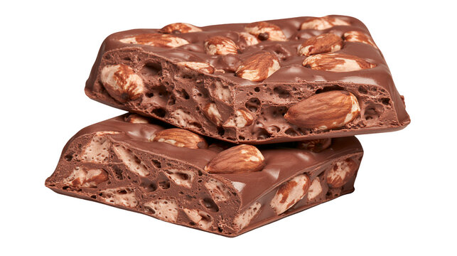 Rich milk chocolate nougat bar with whole almonds, isolated on transparent background