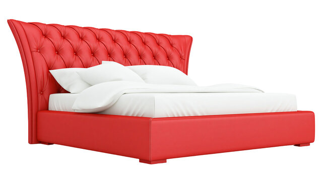 Luxurious red tufted leather bed with white linens, isolated on transparent background
