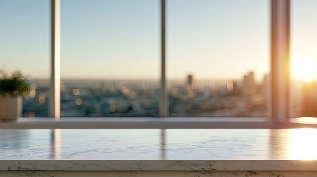 Sunny city view from a marble countertop with a potted plant