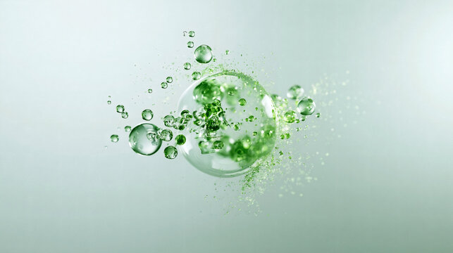 Bubbles of Life: Microscopic view of a clear bubble containing green organic particles, surrounded by smaller bubbles, creating an abstract representation of science and nature's intricate designs.