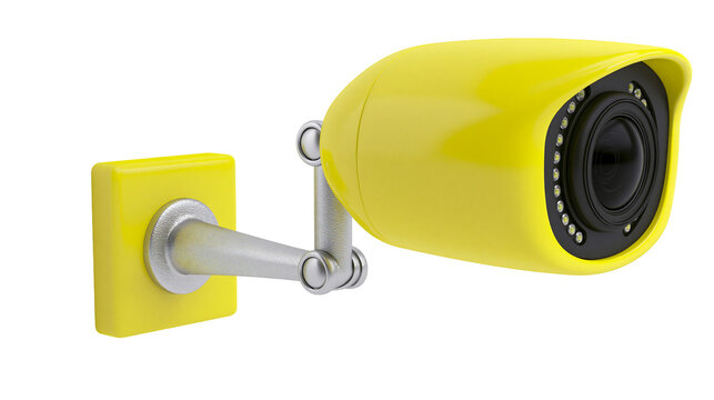 Yellow security camera with infrared LEDs mounted on a silver bracket, isolated on transparent background
