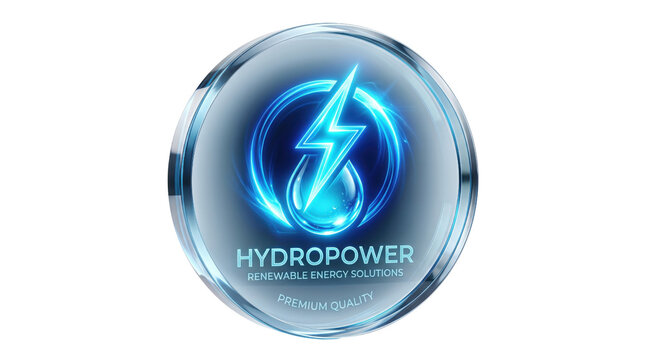 Hydropower renewable energy logo, glowing blue water drop and lightning bolt icon, sustainable hydroelectric power concept on white background