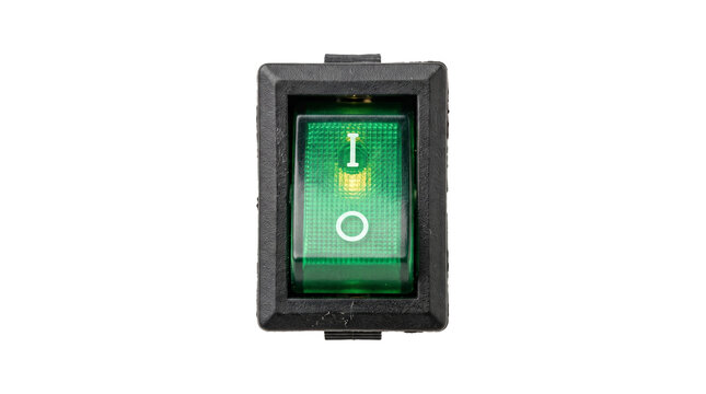 Electronic power rocker switch with green illumination isolated on transparent background png file crop.