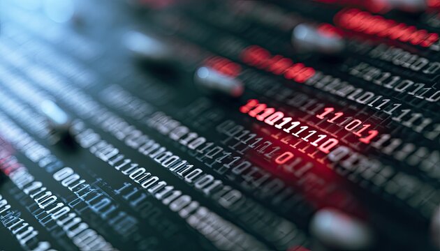 Close-up of glowing digital code on a dark background with red highlights
