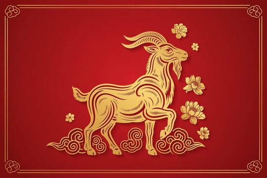 The goat is adorned with intricate golden patterns. luxury red and gold chinese goat new year background, 2027 new year with copy space for text, a dynamic pose against a vibrant red background.