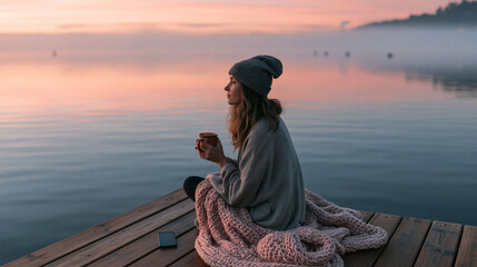 Obraz premium Serene Solitude at Dawn: A woman wrapped in a cozy blanket and a warm hat sips a hot beverage on a wooden pier, overlooking a tranquil lake at sunrise, her gaze lost in the peaceful dawn.