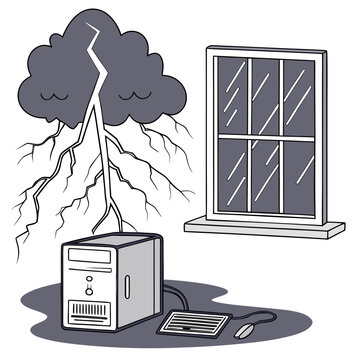 Desktop computer near window during lightning storm with computer, lightning