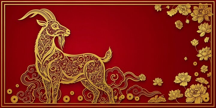 The goat is adorned with intricate golden patterns. luxury red and gold chinese goat new year background, 2027 new year with copy space for text, a dynamic pose against a vibrant red background.