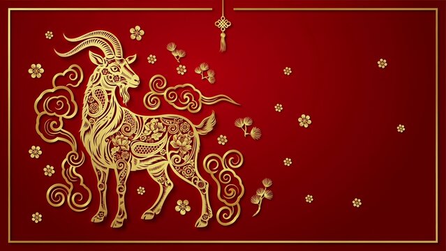 The goat is adorned with intricate golden patterns. luxury red and gold chinese goat new year background, 2027 new year with copy space for text, a dynamic pose against a vibrant red background.