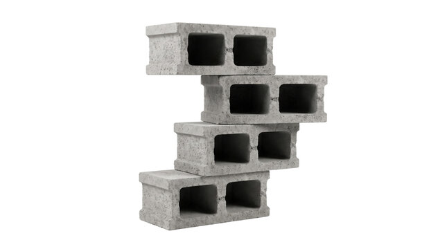 Concrete cinder blocks stacked in a balanced tower, grey cement masonry units for building, industrial construction materials on white background