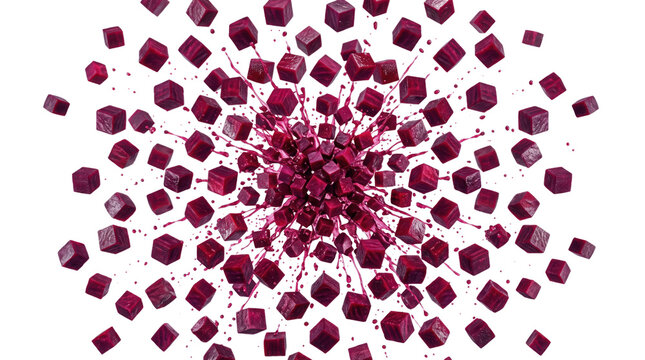 Exploding purple cubes with liquid splashes, dynamic geometric blast of 3D blocks, abstract violet cube explosion on white background