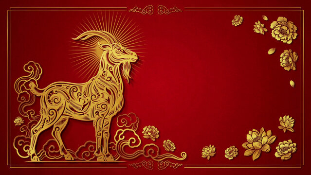 The goat is adorned with intricate golden patterns. luxury red and gold chinese goat new year background, 2027 new year with copy space for text, a dynamic pose against a vibrant red background.