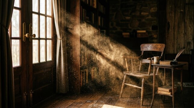 Dust motes dance in a sunbeam illuminating a rustic study.