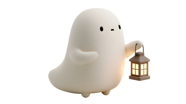 ghost holding a small lantern with soft drop shadow, party decor element, 3D clay render style, soft studio light, smooth shading, isolated on white background