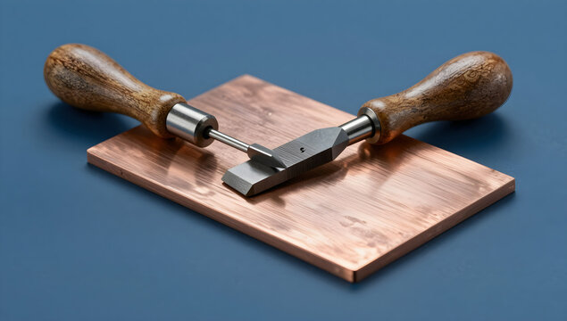 Steel printmaking burin engraving tool with copper printing plate