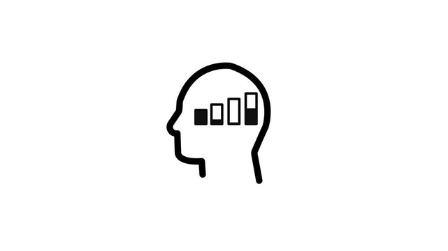 Human head silhouette icon with an increasing bar chart inside. Represents mindset development, analytical intelligence, learning, and psychological growth concepts.