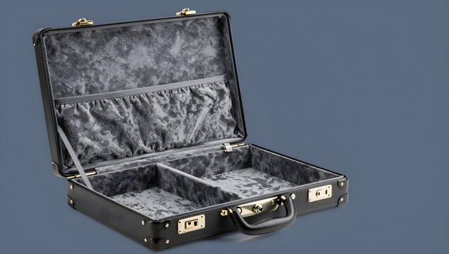 Open leather attorney briefcase with empty velvet interior storage