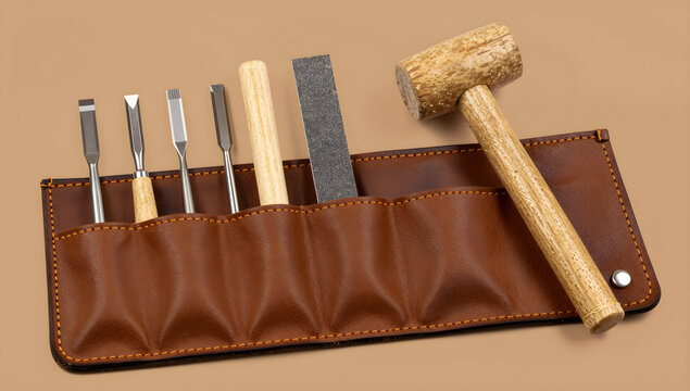 Leather tool roll with wood carving chisels and mallet