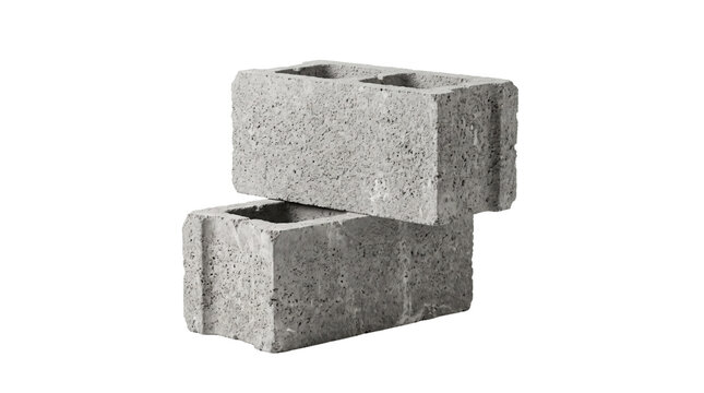 Concrete cinder blocks stacked on white background, industrial building materials, grey cement masonry units for construction projects