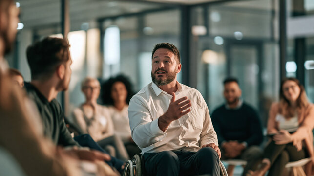 Leadership in Conversation: A confident middle-aged man in a wheelchair leads a discussion among a diverse group of people in a modern office setting.