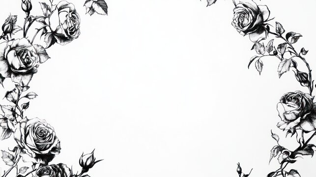 Monochrome rose border; white background;  greeting card design